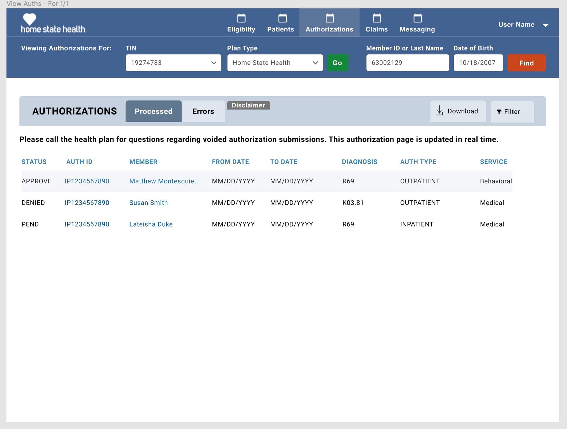 Wireframe for the new Appeals tab inside the Provider Portal — Authorizations / Appealed / Denied / My Bucket tabs with the APPEAL action exposed on adjudicated-auth rows.
