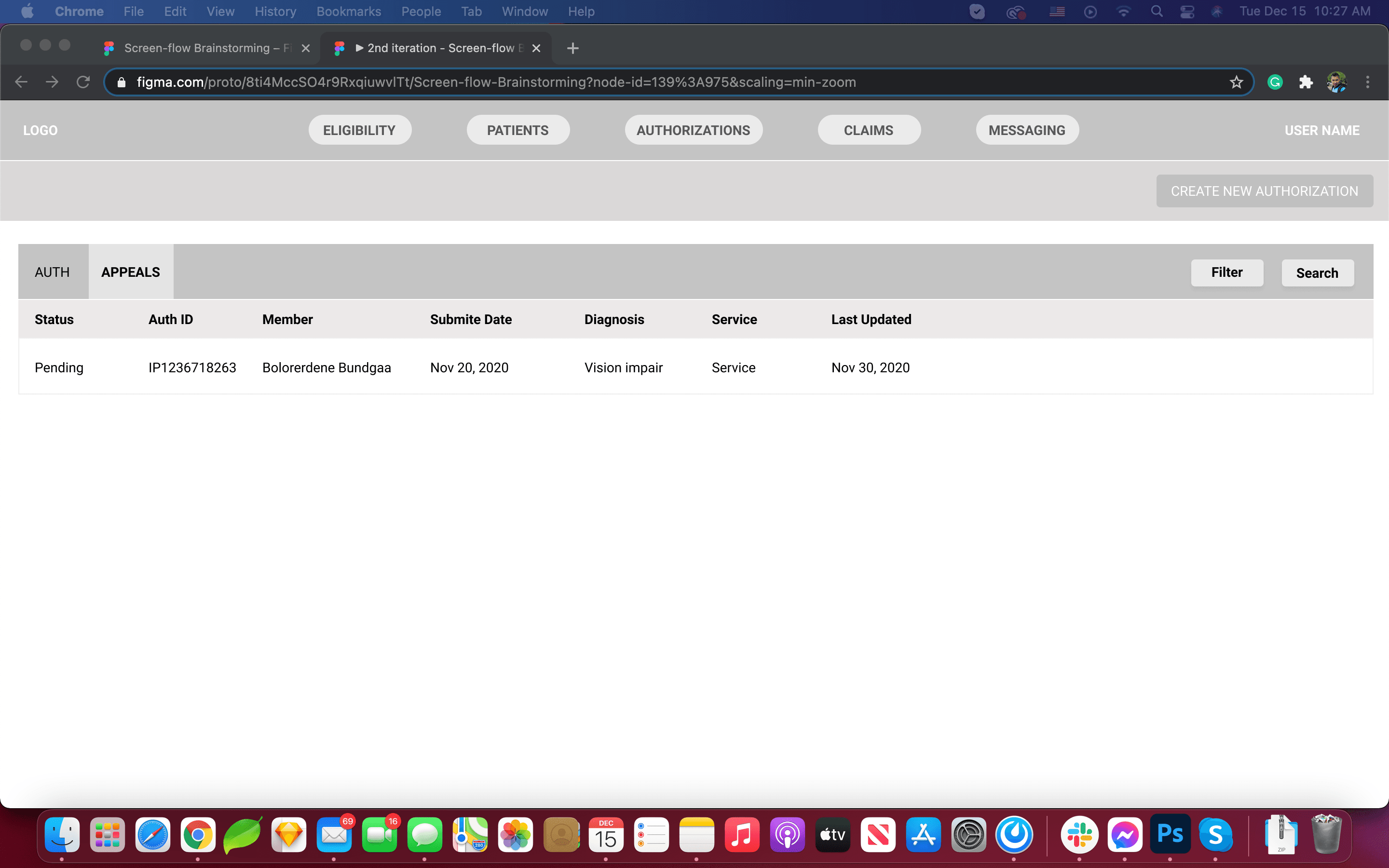 Second Figma pass on the Appeals tab — list view with Status / Auth ID / Member / Submit Date / Diagnosis / Service / Last Updated.