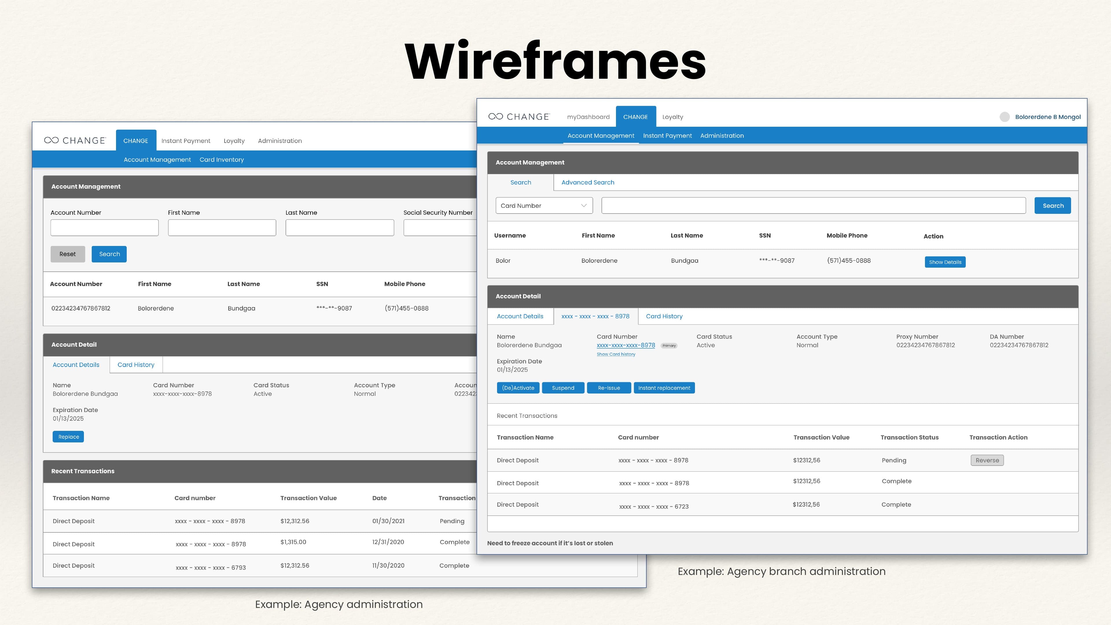 Agency Portal wireframes — cardholder detail and inventory.