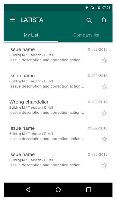 Issues list — My List vs. Company List, with rows sorted by location because that is how a foreman decides where to walk next.