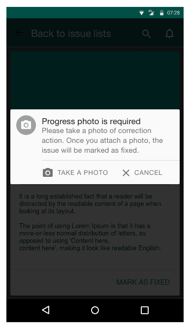 The QA gate — no photo, no closure. This turns a checkbox into evidence.