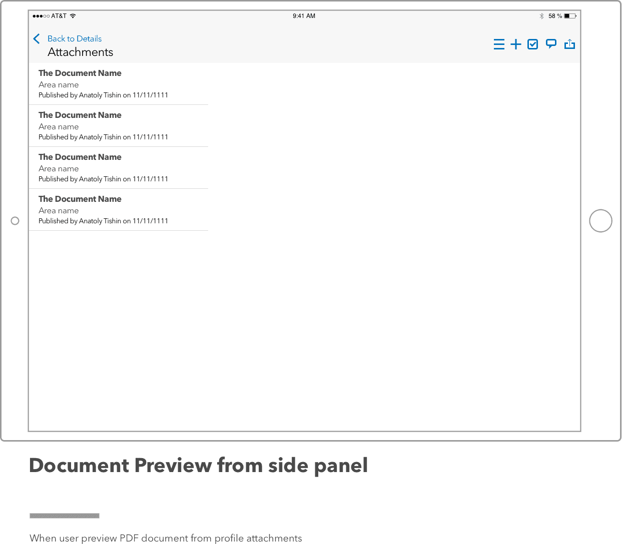 Document preview with side panel — version history, markup layers, and metadata inline instead of behind tabs.