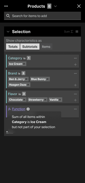 Data Selector side panel — initial state with a Products prompt and the locked Prompt Header (prompt name, live counter, prompt-type dropdown, overflow menu, search).